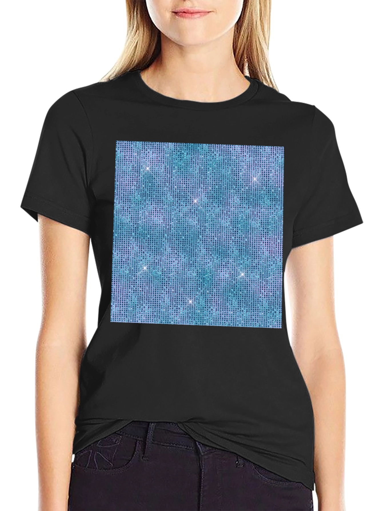 Aqua Glitter Pattern Black T-Shirt