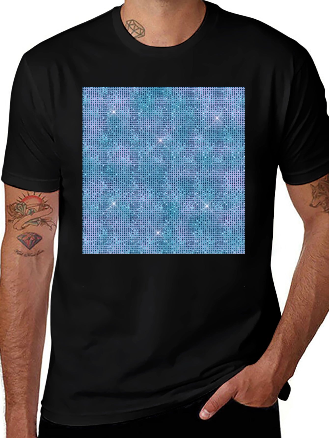 Aqua Glitter Pattern Black T-Shirt