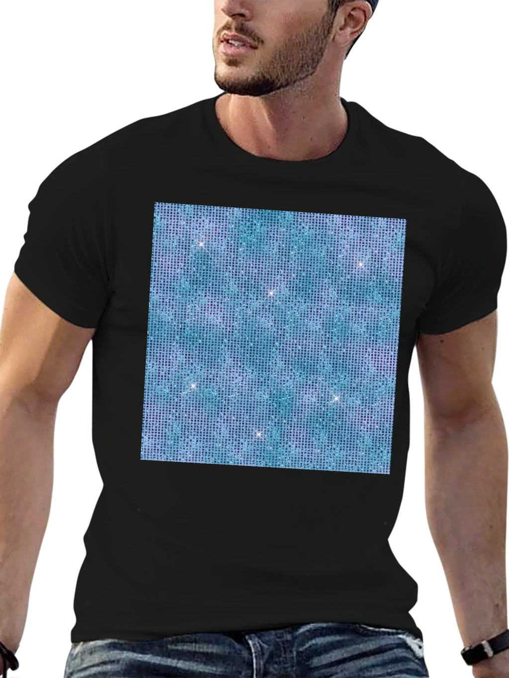 Aqua Glitter Pattern Black T-Shirt