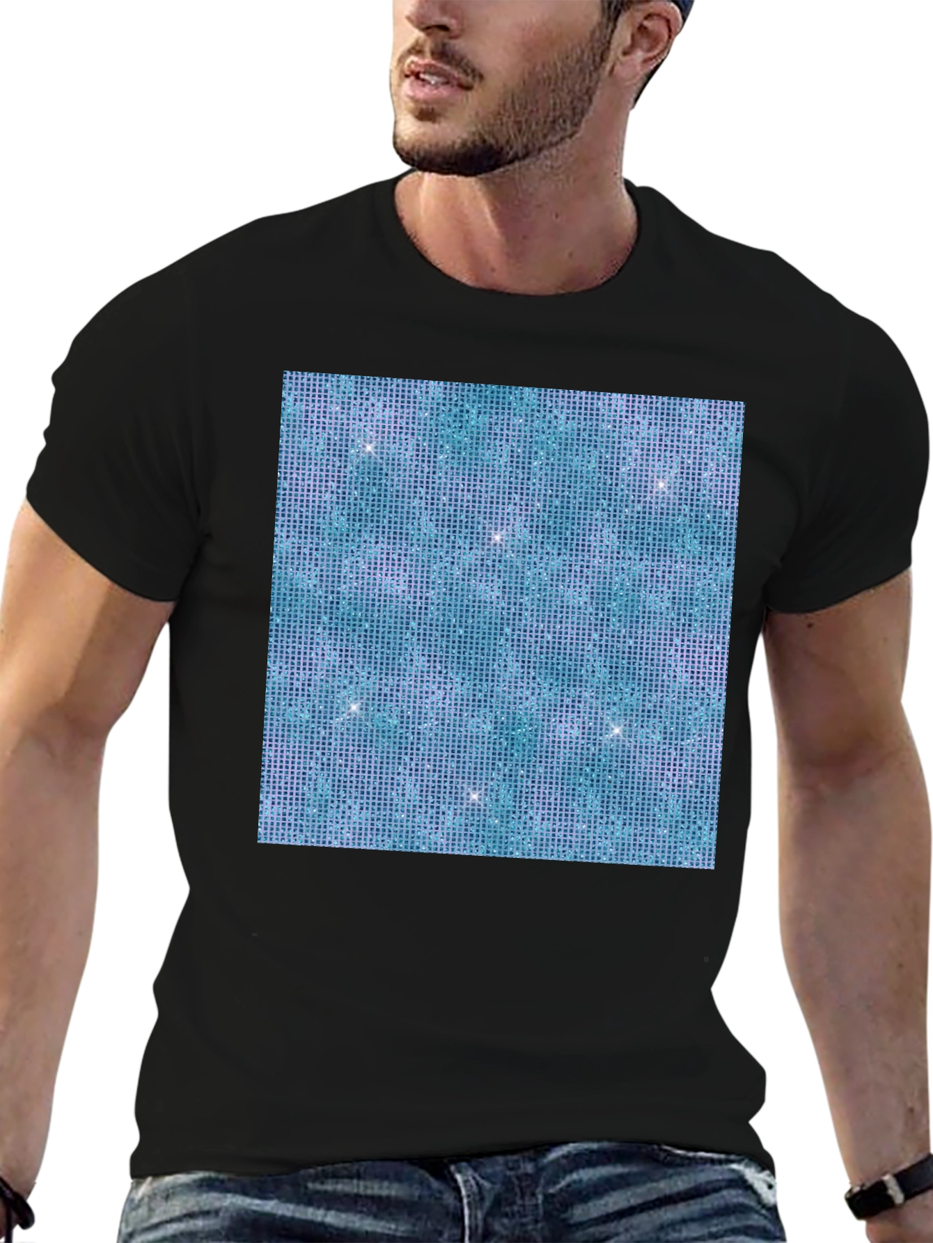Aqua Glitter Pattern Black T-Shirt