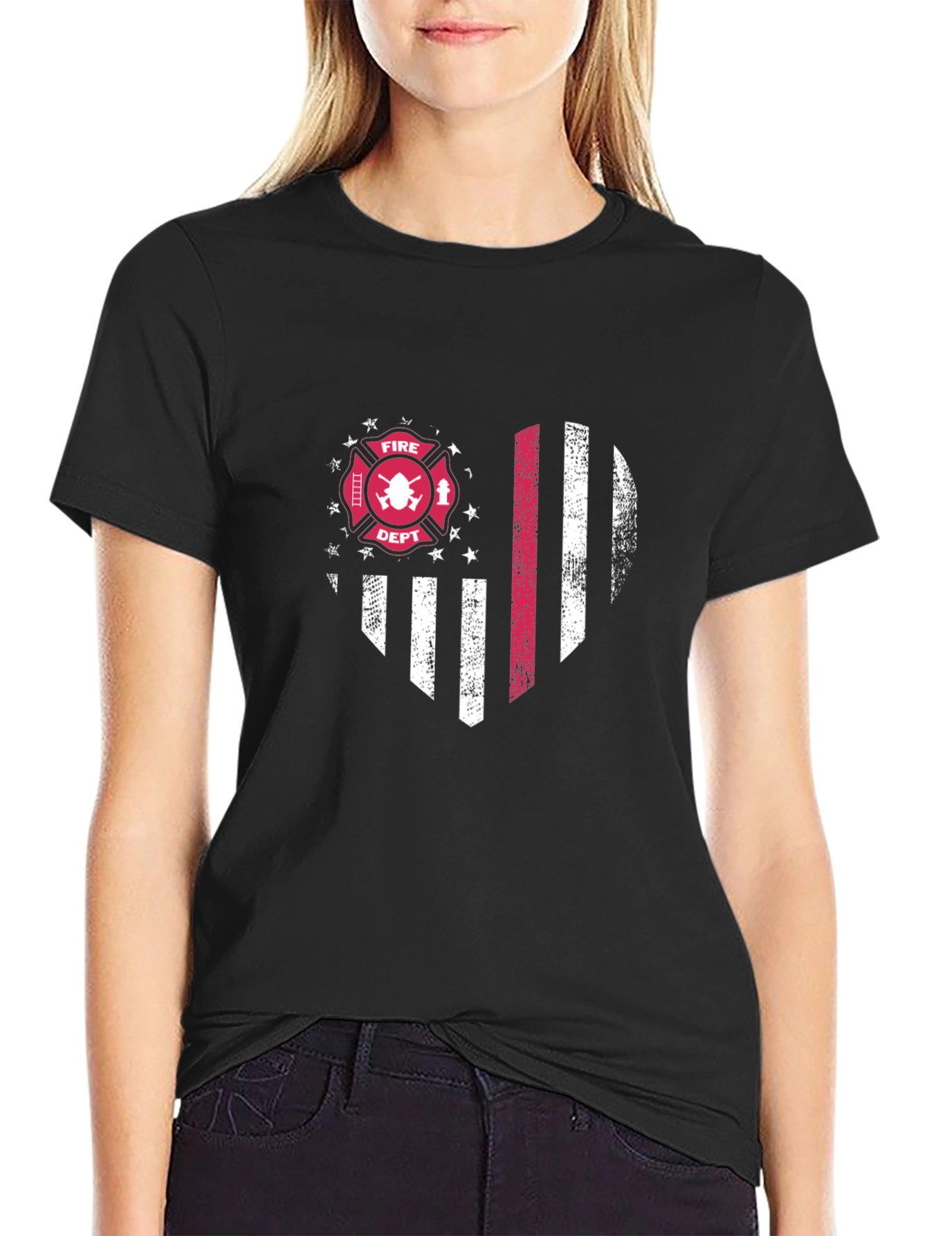 Firefighter Heart Flag T-Shirt - Patriotic Thin Red Line Tee