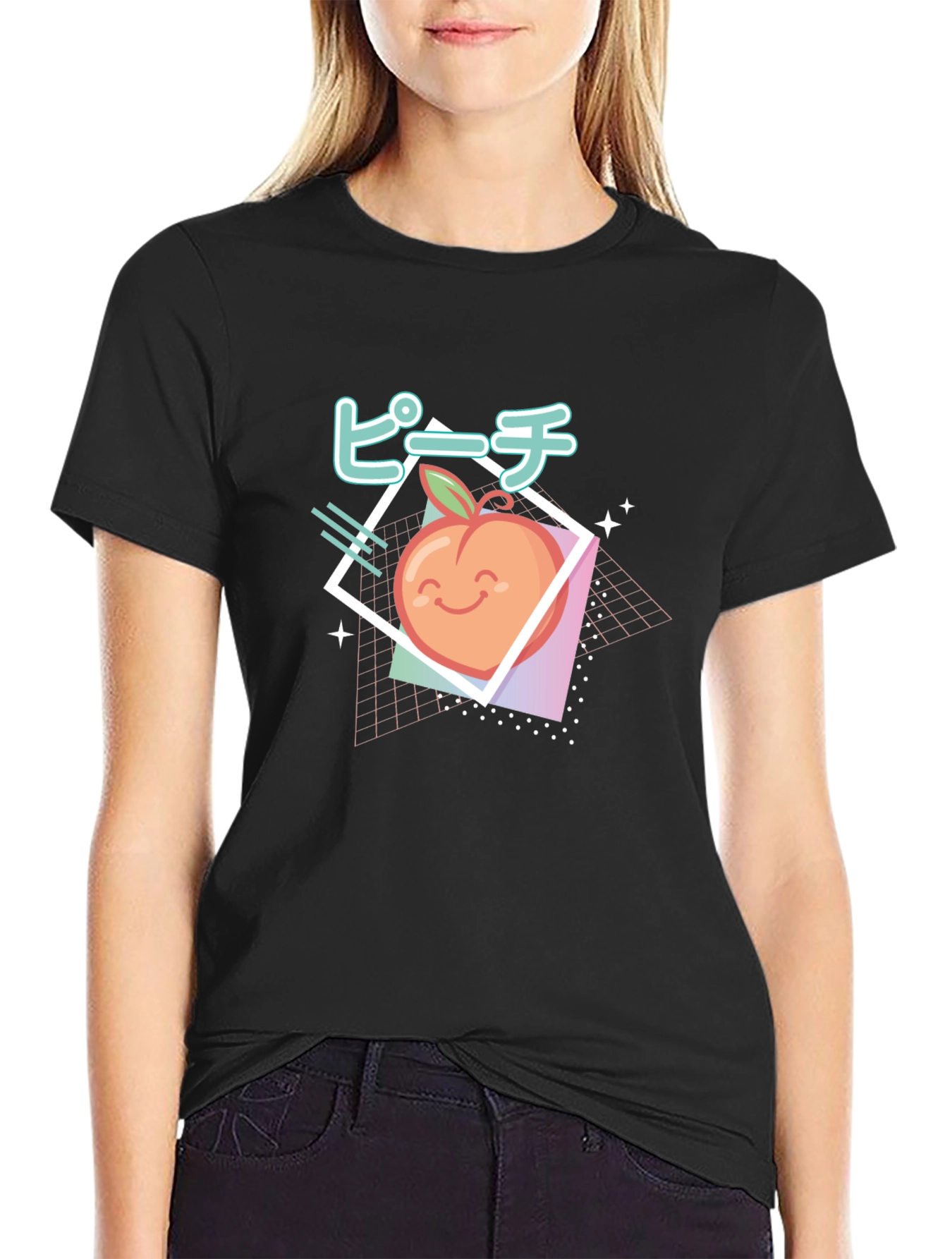 Retro Peach Graphic Tee - Black Cotton T-Shirt