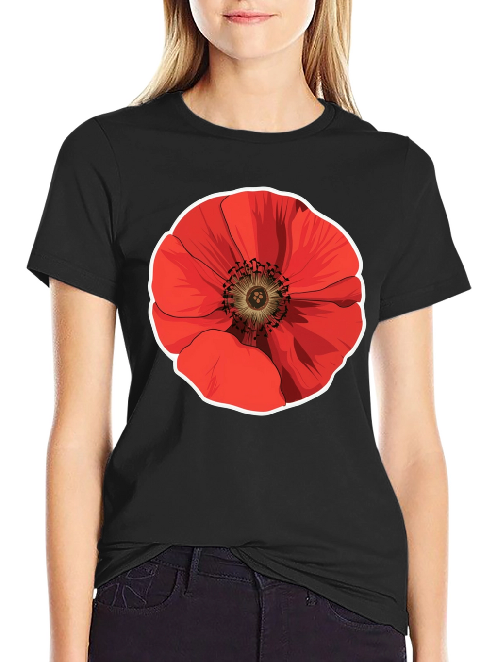 Poppy Flower Graphic Black T-Shirt
