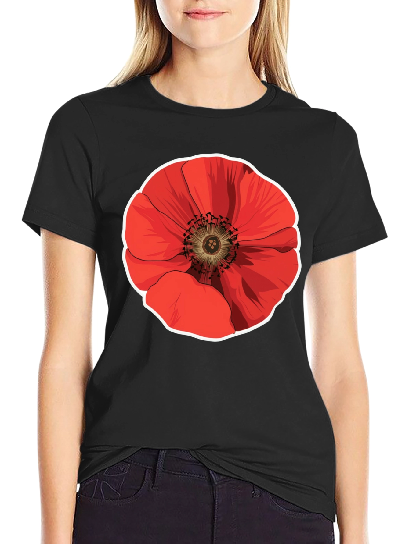 Poppy Flower Graphic Black T-Shirt