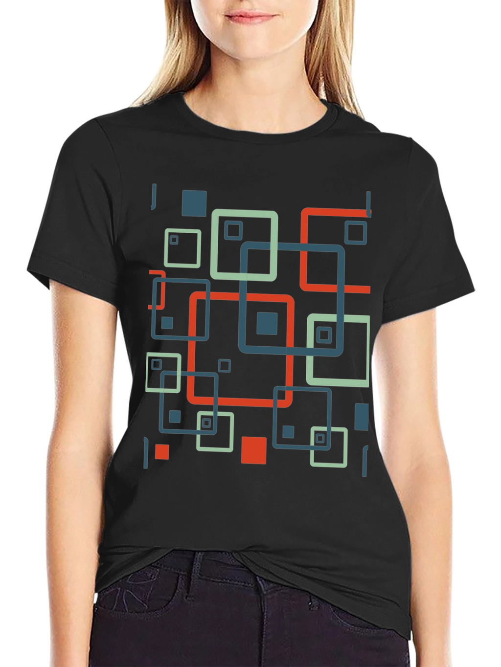 Geometric Square Pattern Black T-Shirt
