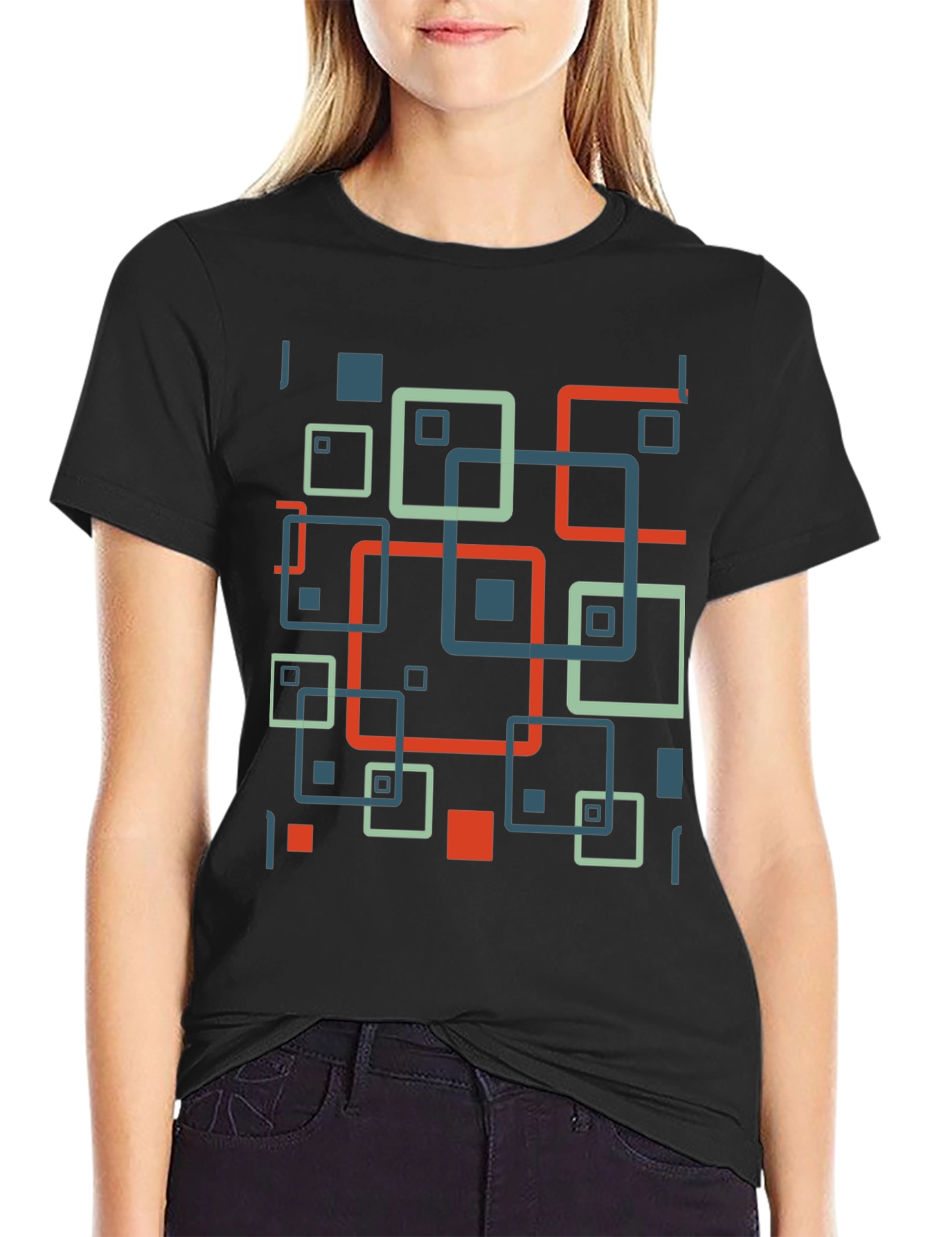 Geometric Square Pattern Black T-Shirt