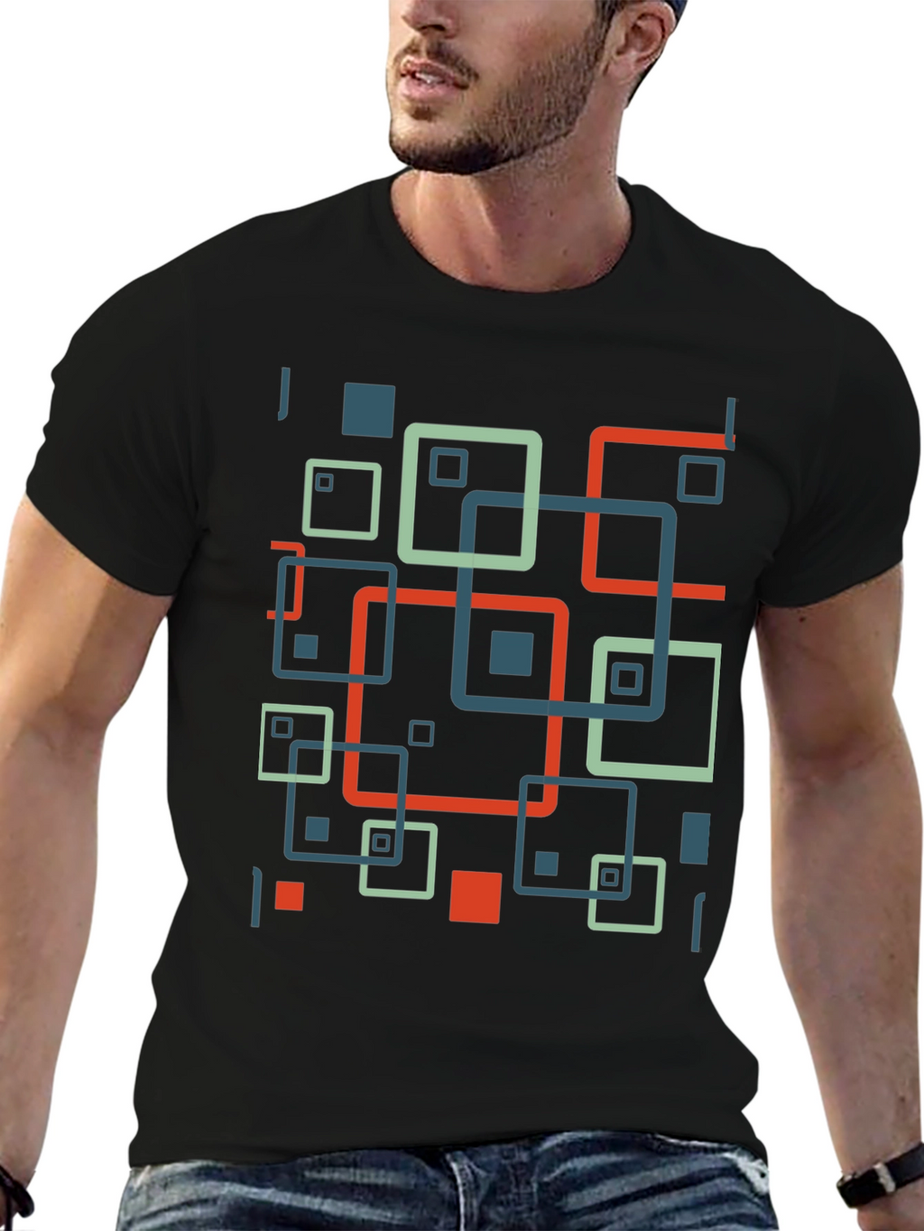 Geometric Square Pattern Black T-Shirt