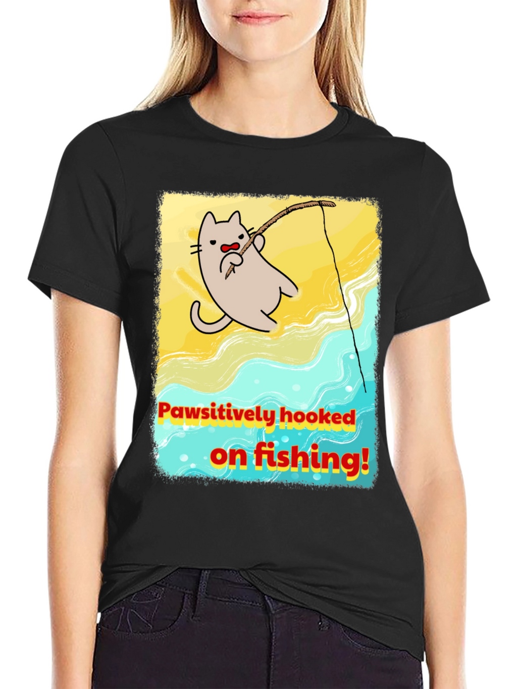 Pawsitively Hooked Cat Fishing Graphic Tee