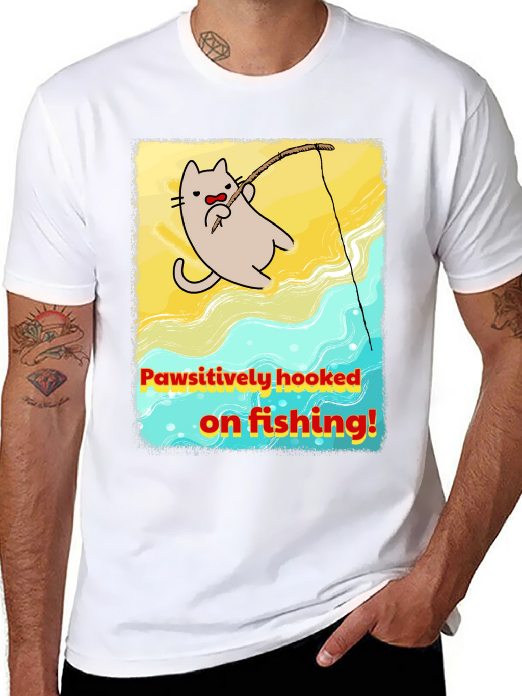 Pawsitively Hooked Cat Fishing Graphic Tee