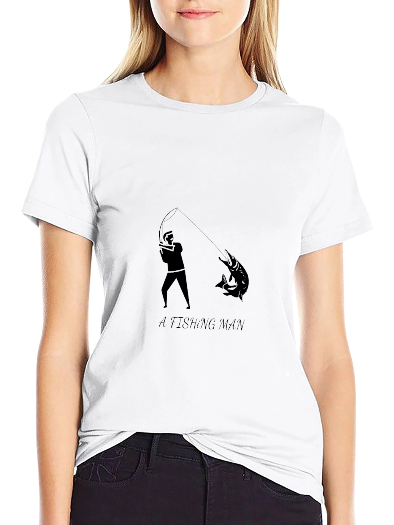 Mens Fishing Man Graphic Print Black T-Shirt