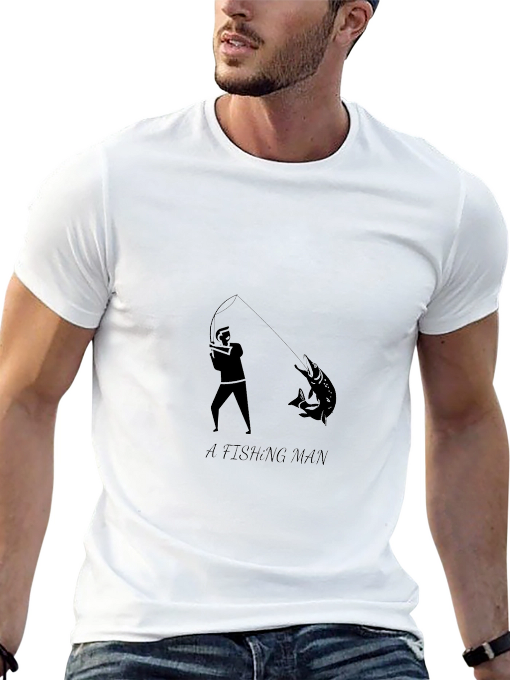 Mens Fishing Man Graphic Print Black T-Shirt