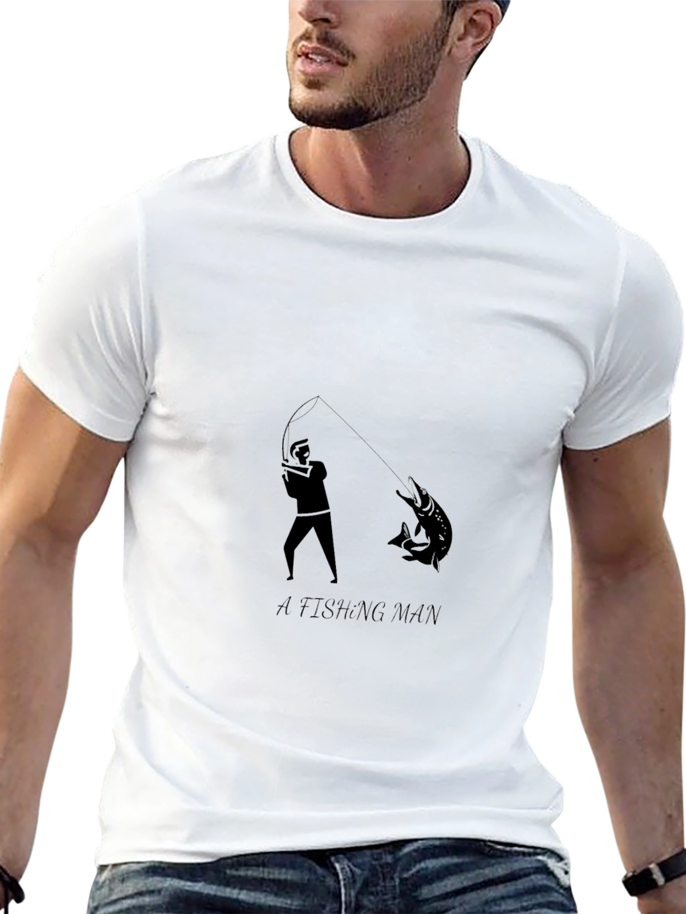 Mens Fishing Man Graphic Print Black T-Shirt