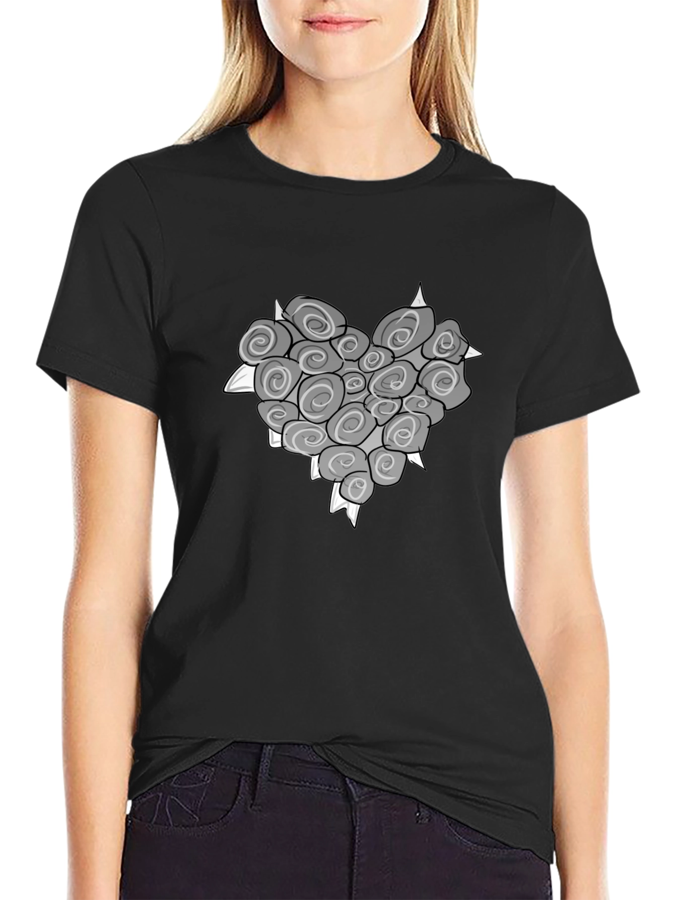 Heart of Roses Graphic T-Shirt - Stylish Black Tee