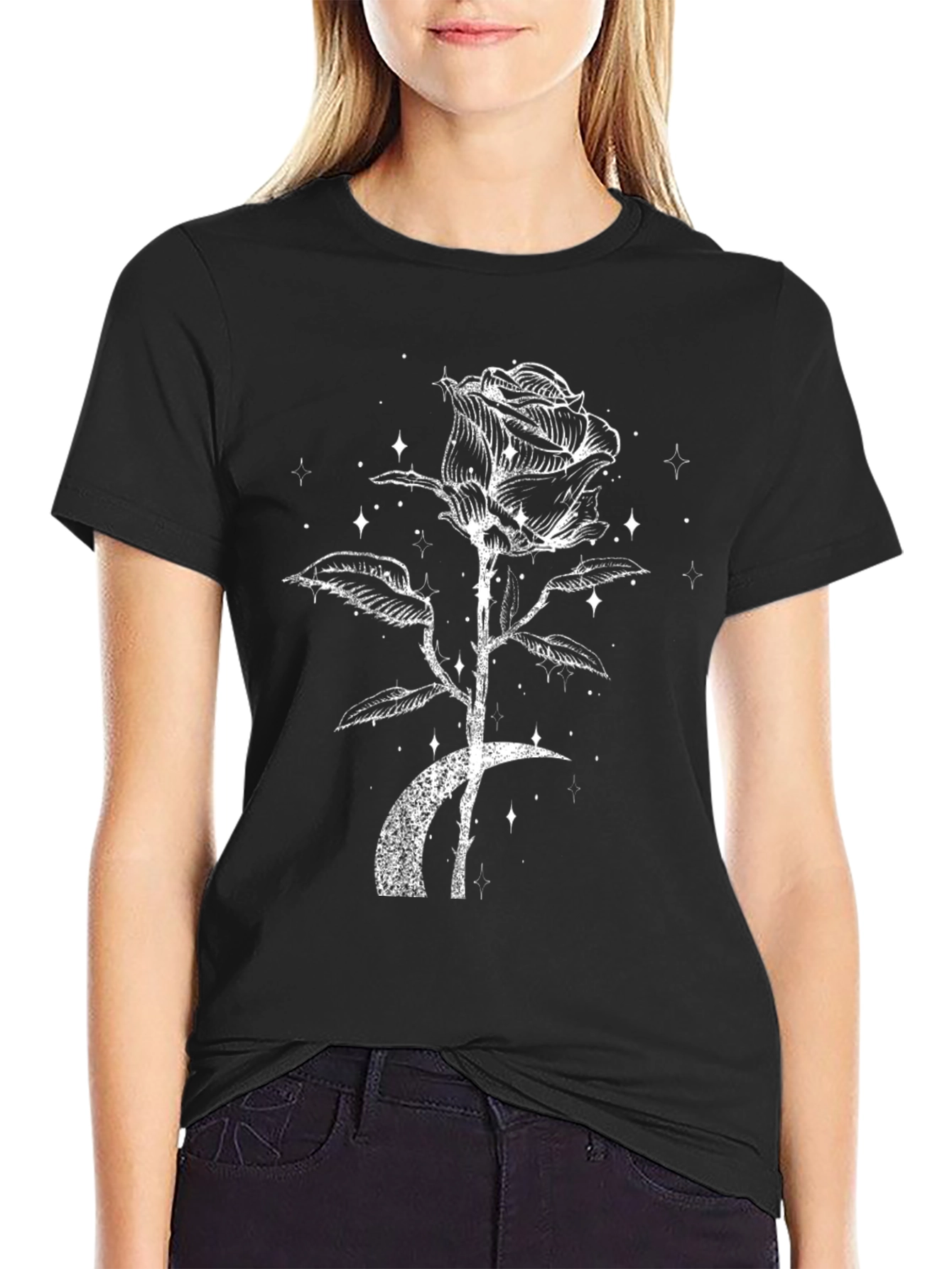 Rose & Moon Graphic Tee - Black