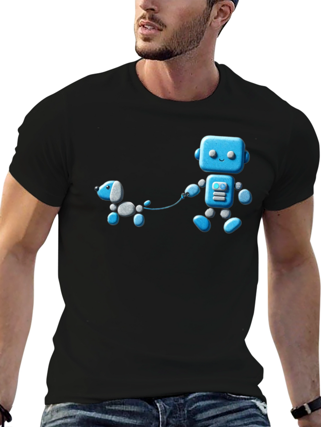 Robot and Dog Graphic T-Shirt - Unisex Black Tee