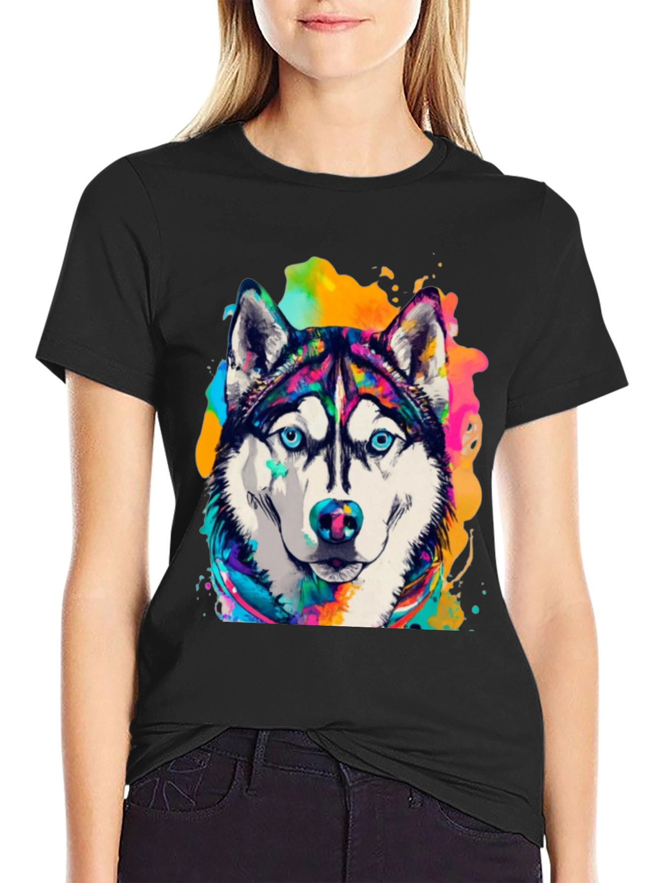 Husky Dog Art T-Shirt - Vibrant Watercolor Design
