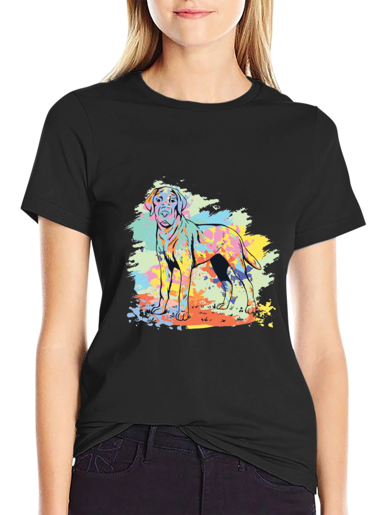 Colorful Dog Graphic Tee - Black Cotton Shirt