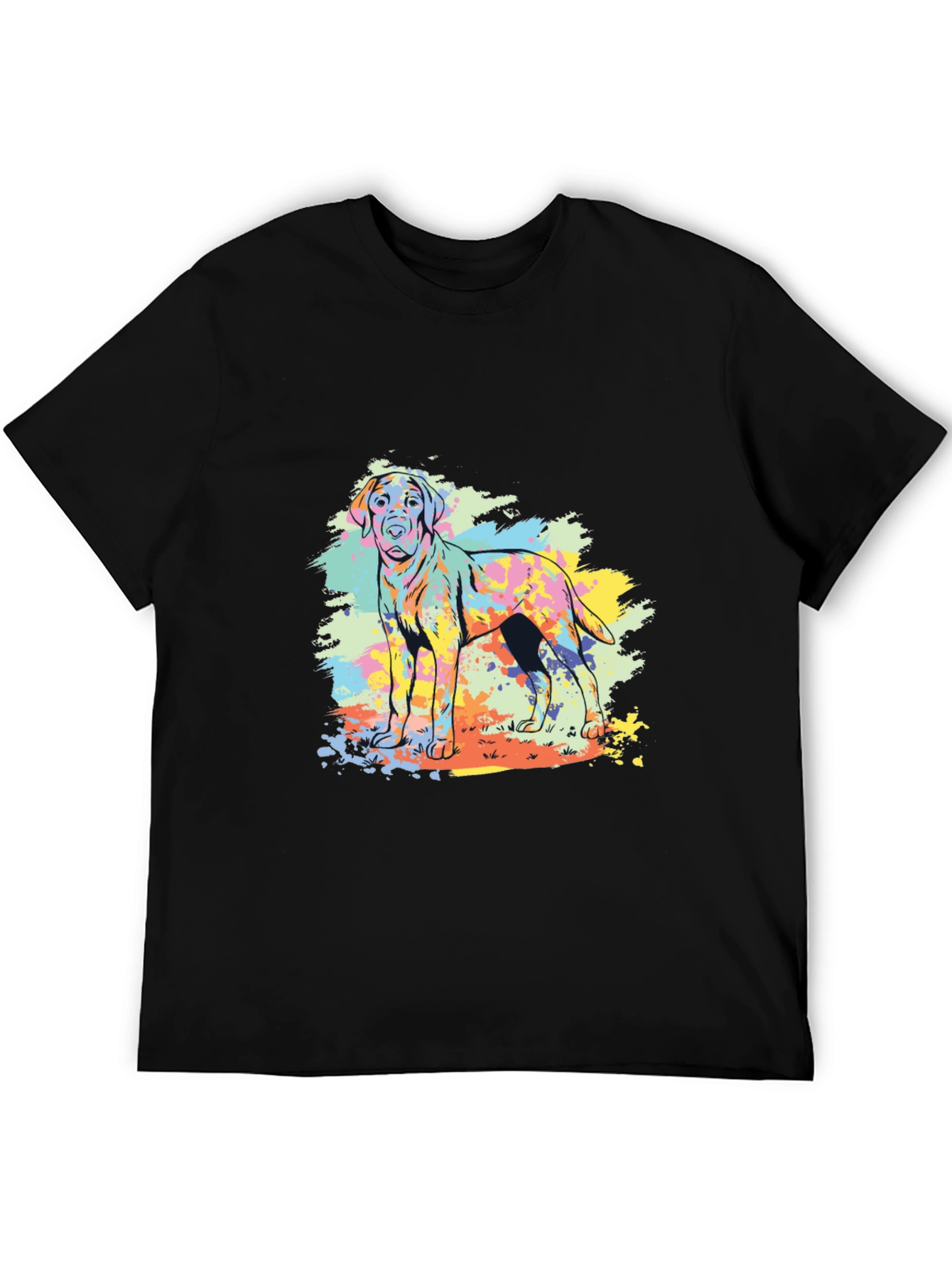 Colorful Dog Graphic Tee - Black Cotton Shirt