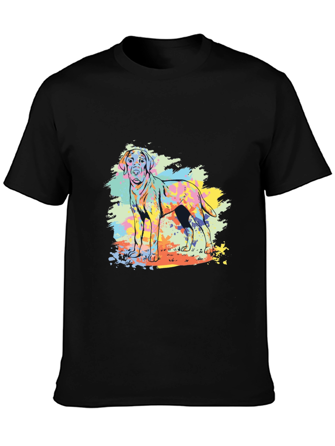 Colorful Dog Graphic Tee - Black Cotton Shirt