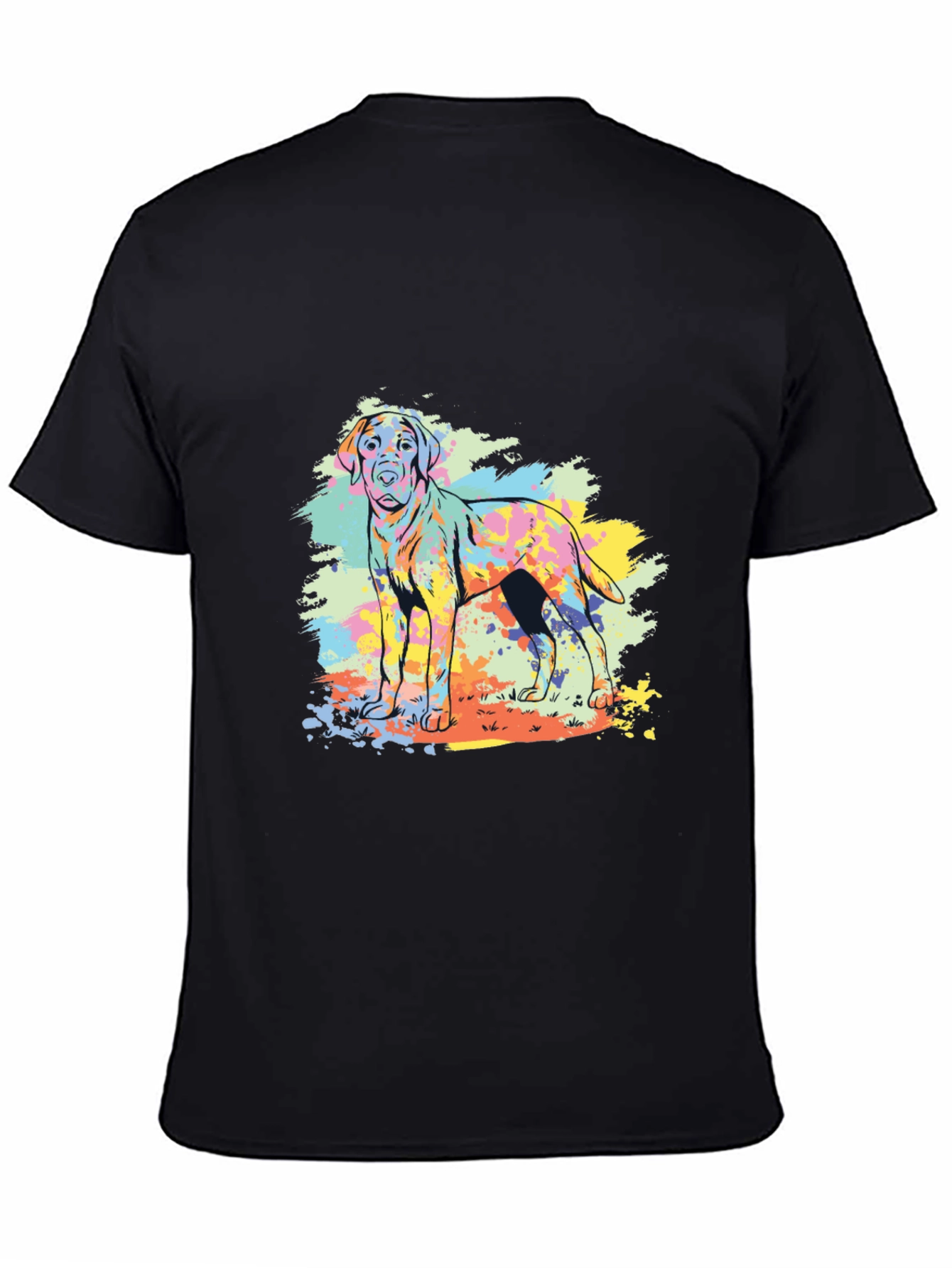 Colorful Dog Graphic Tee - Black Cotton Shirt