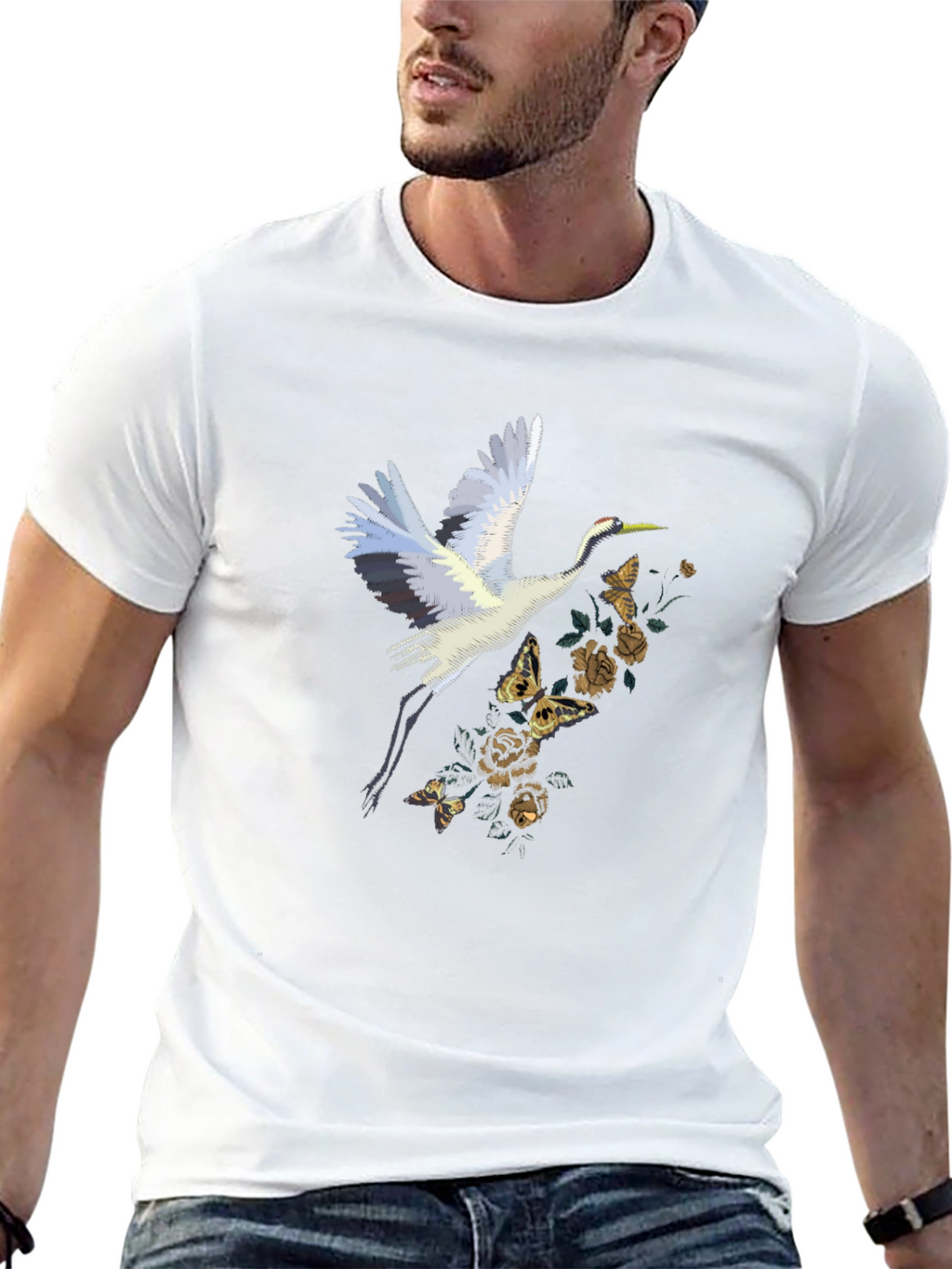 Crane and Floral Black T-Shirt