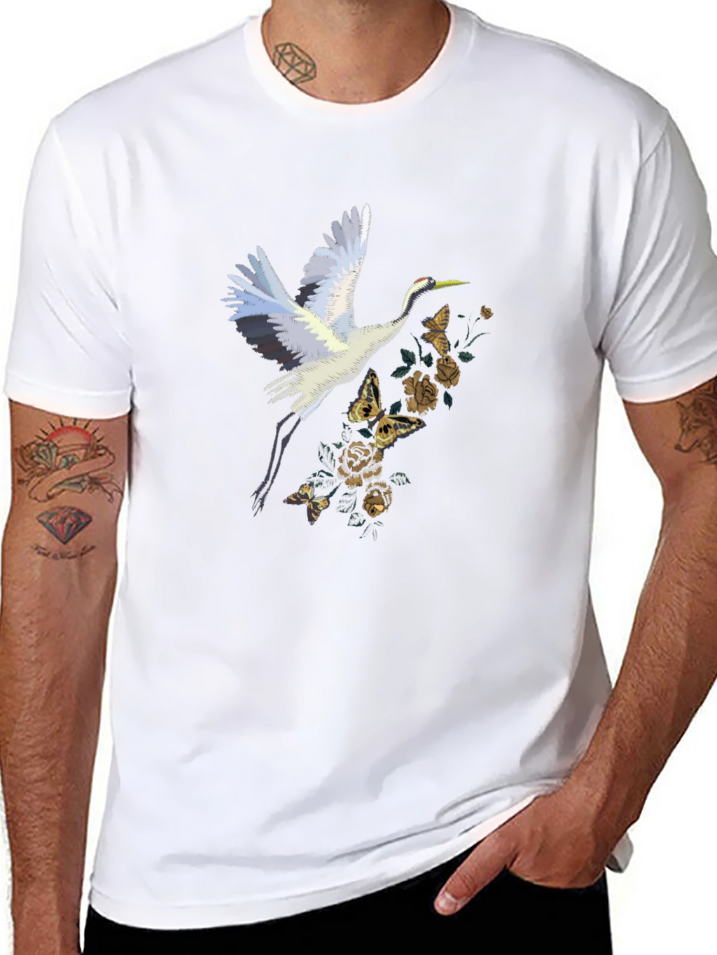 Crane and Floral Black T-Shirt