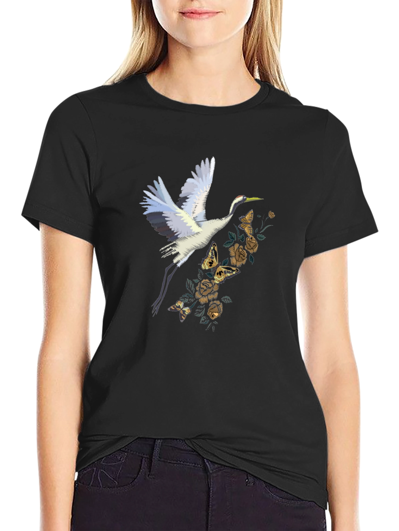 Crane and Floral Black T-Shirt