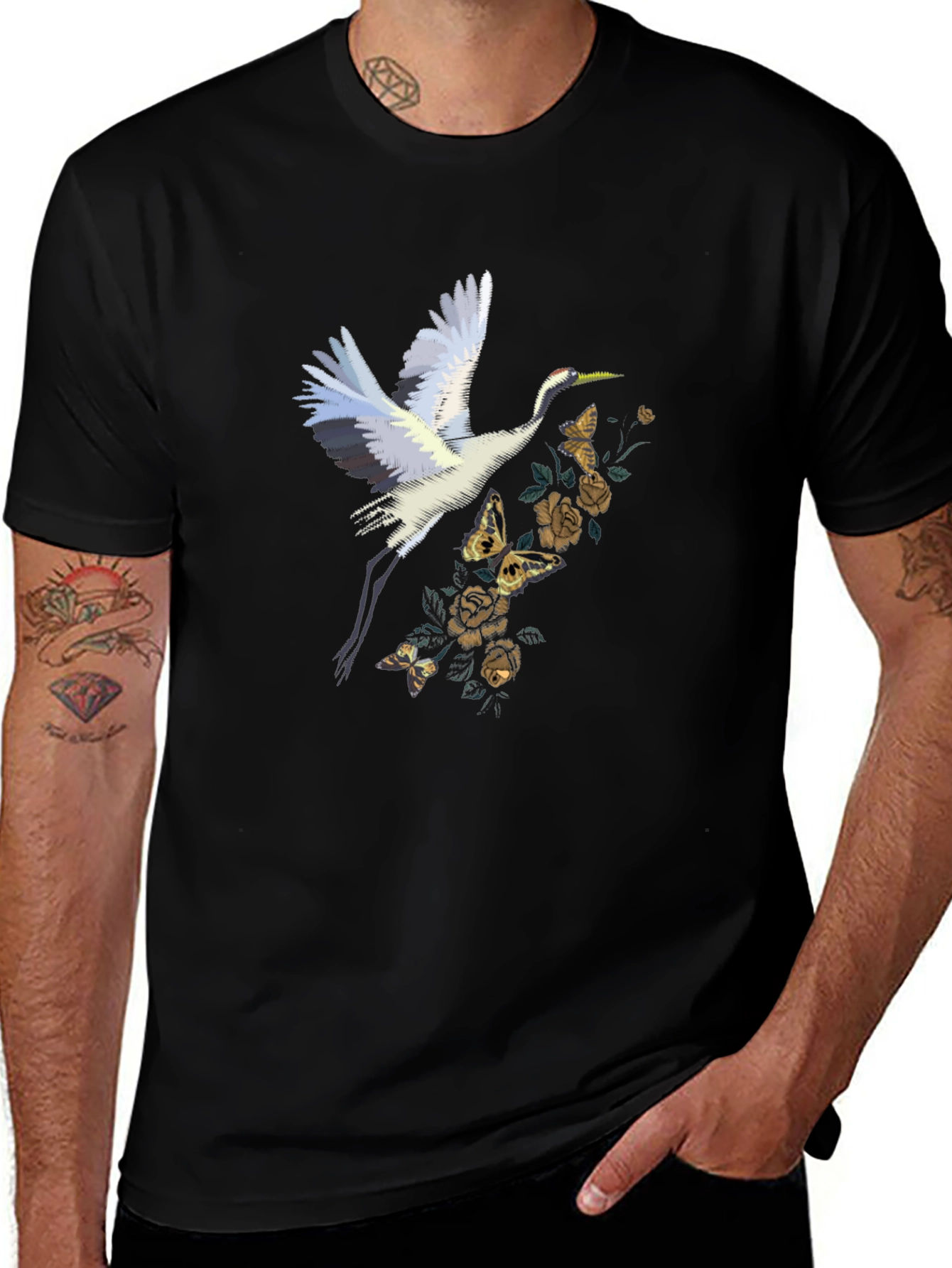 Crane and Floral Black T-Shirt