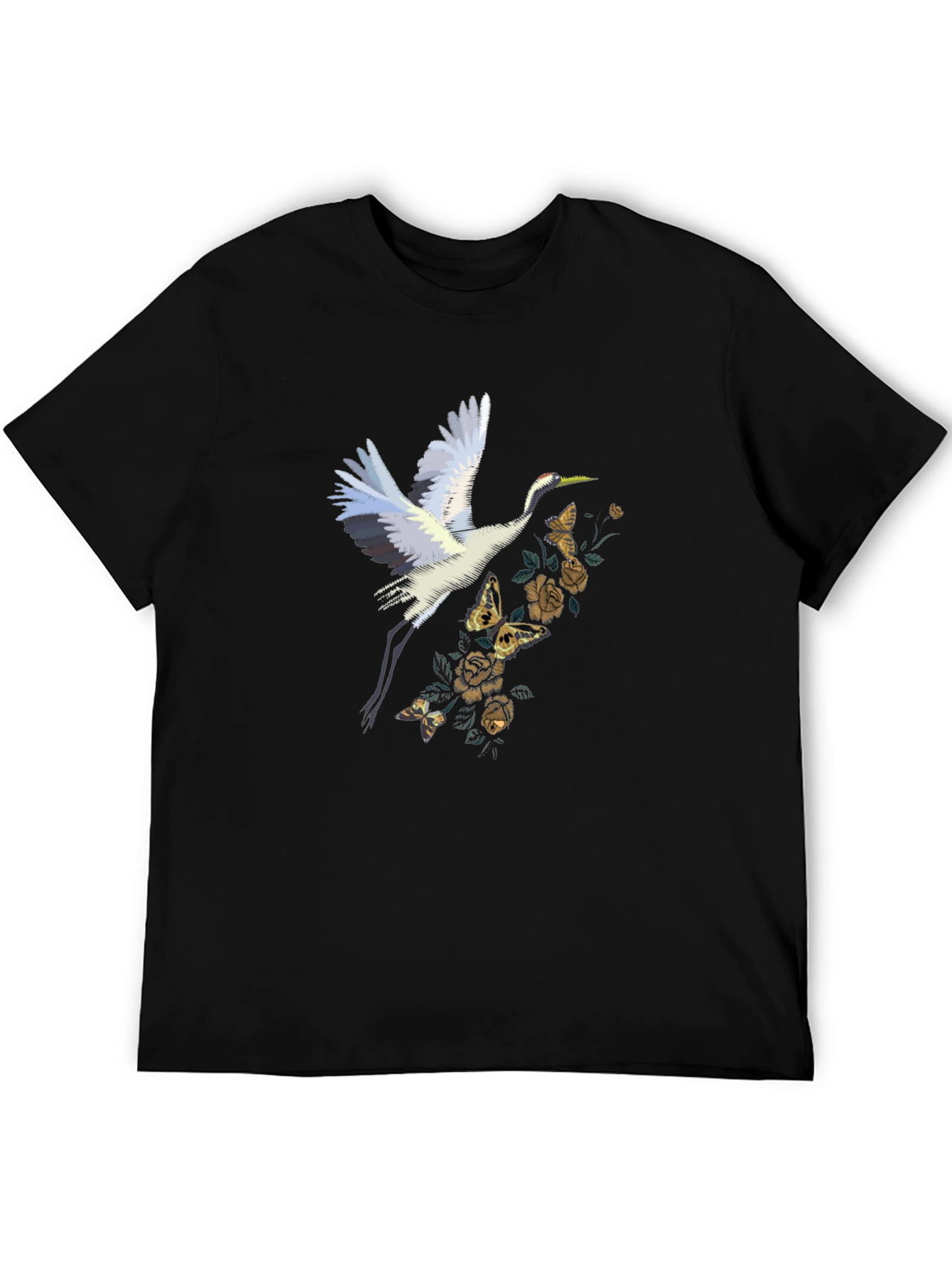 Crane and Floral Black T-Shirt