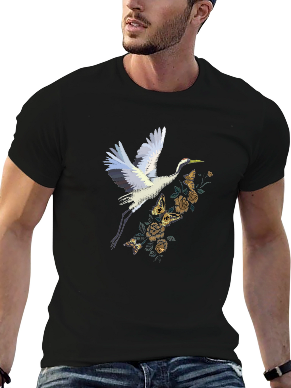 Crane and Floral Black T-Shirt
