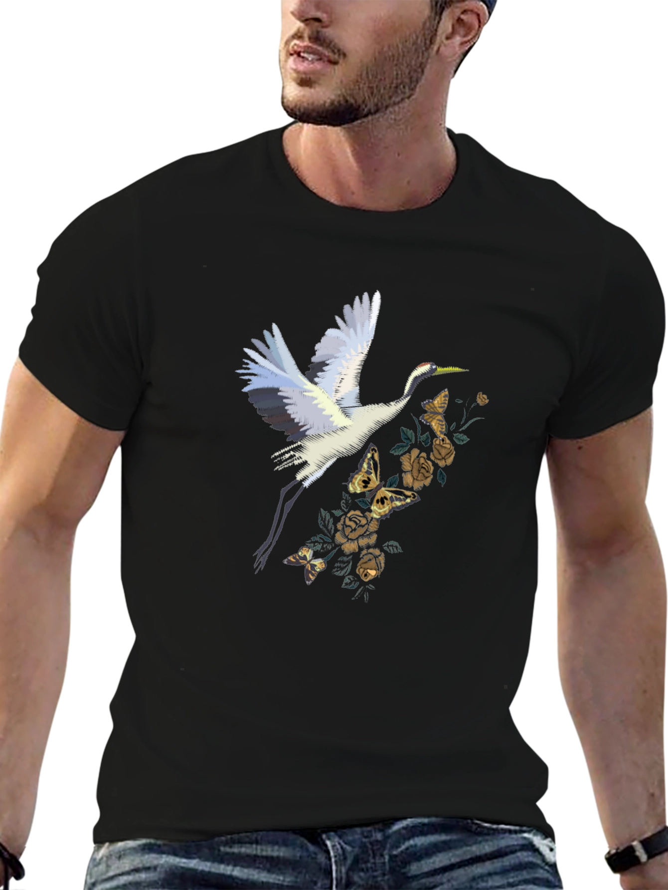 Crane and Floral Black T-Shirt