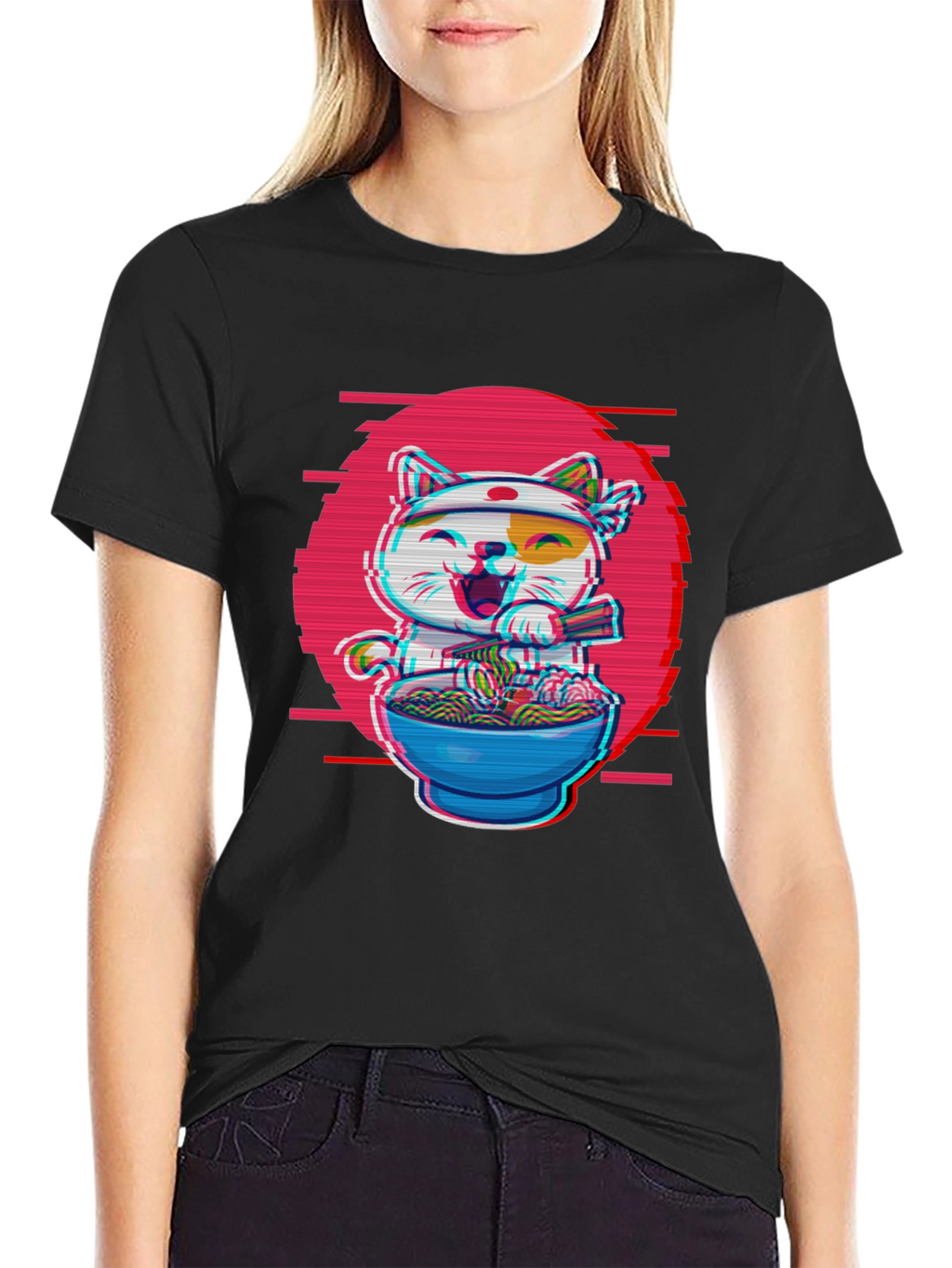 Ramen Cat T-Shirt - Anime Glitch Design