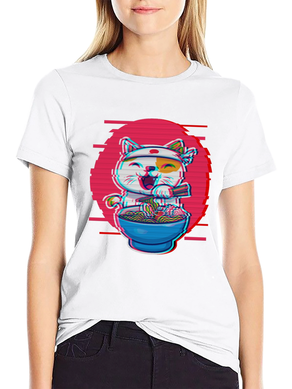 Ramen Cat T-Shirt - Anime Glitch Design