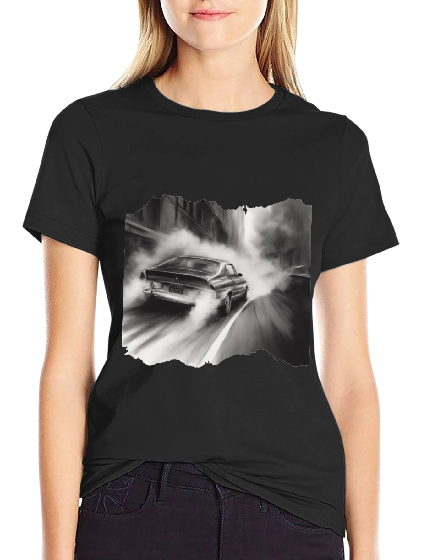 Retro Car Graphic Tee - Black Cotton Blend T-Shirt