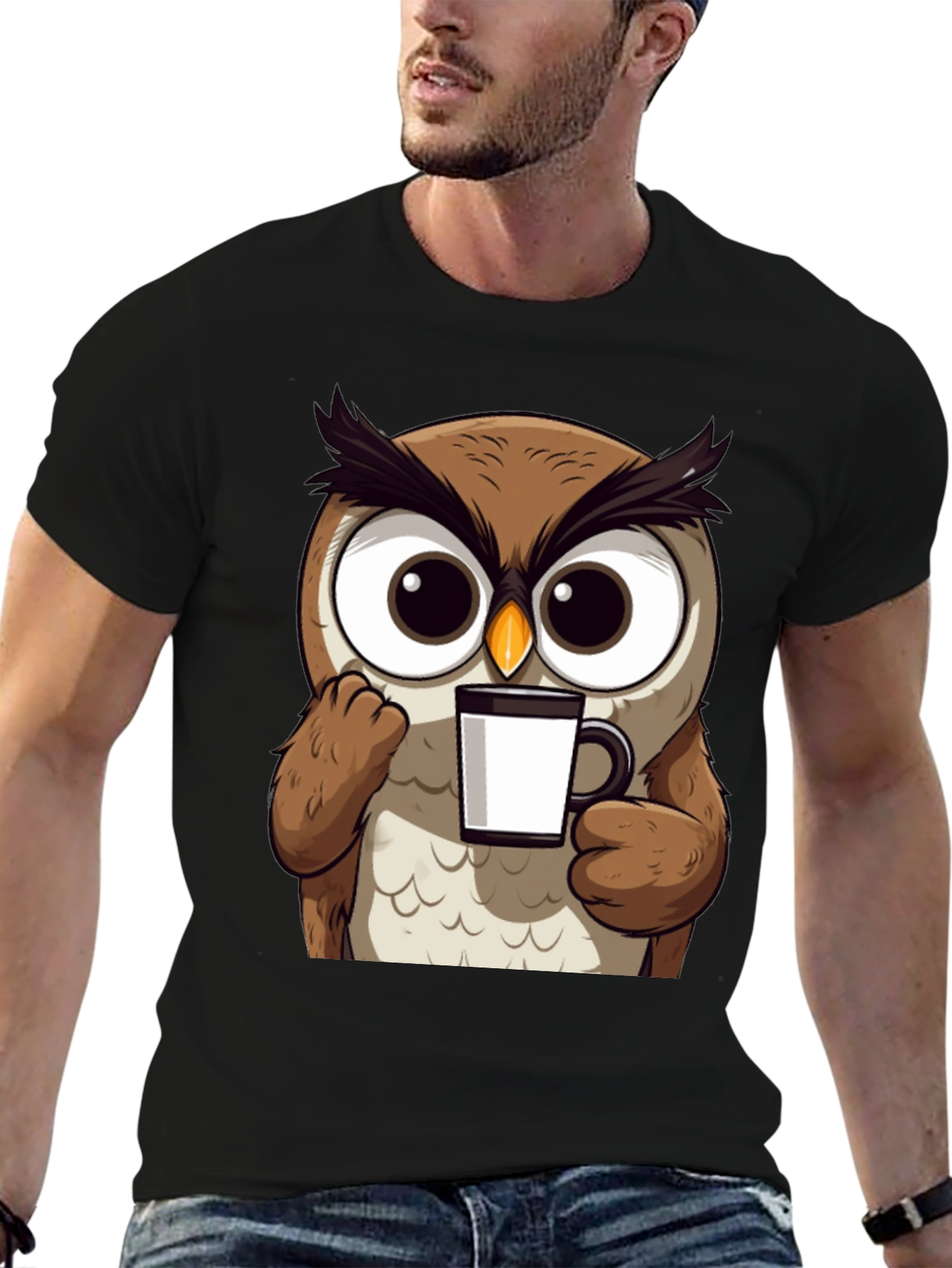 Owl Coffee T-Shirt - Cute Cartoon Bird Tee