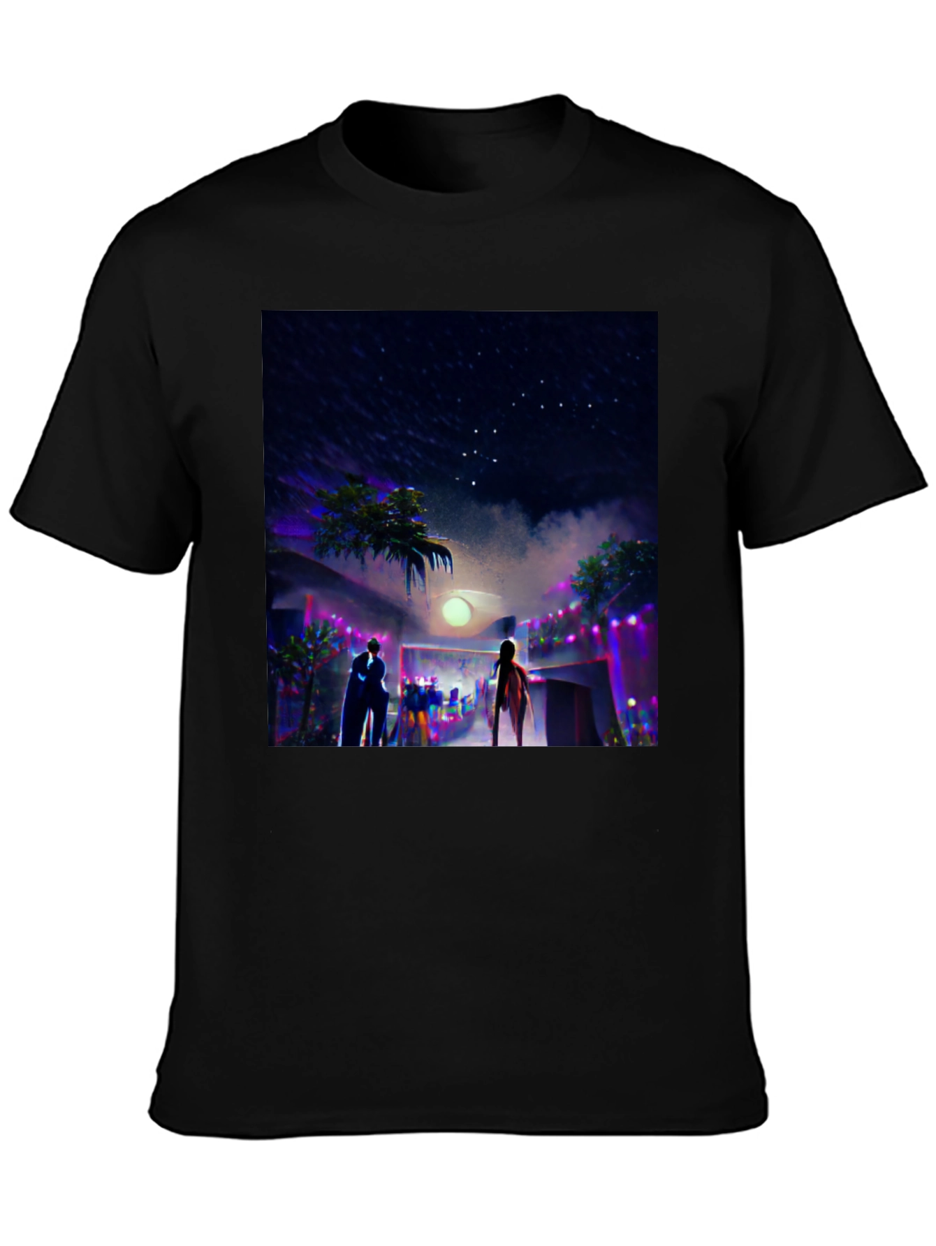 Night Scene Graphic Tee - Cool Black Cotton T-Shirt