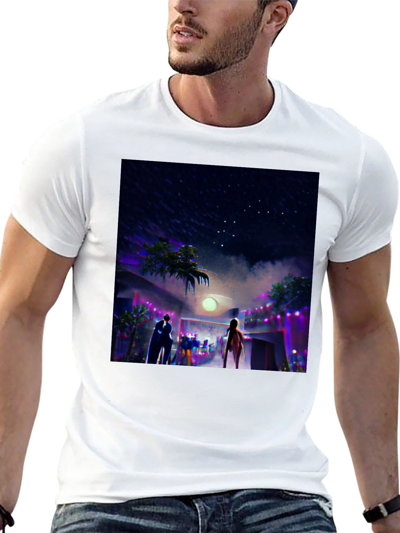 Night Scene Graphic Tee - Cool Black Cotton T-Shirt