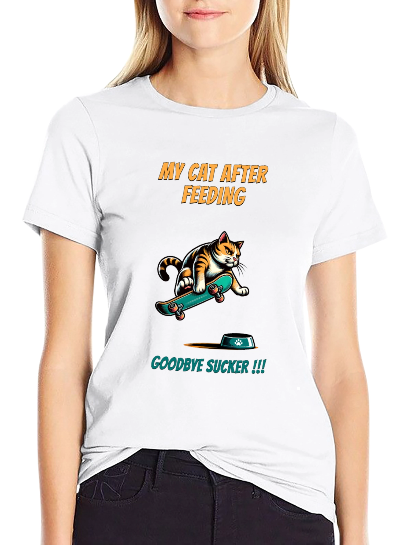 Funny Cat Skateboard T-Shirt - My Cat After Feeding