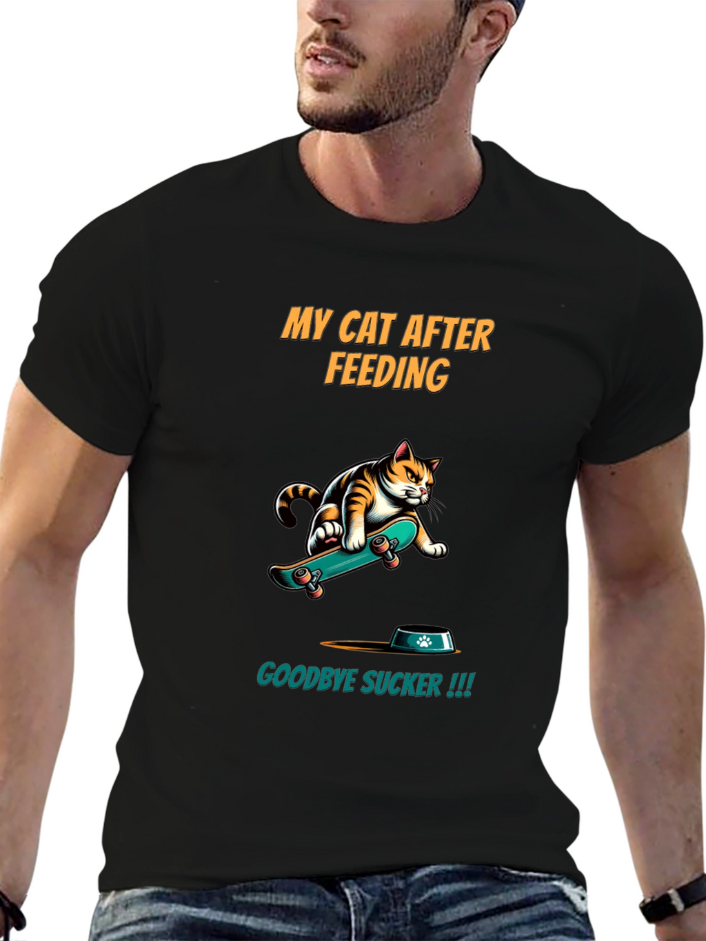 Funny Cat Skateboard T-Shirt - My Cat After Feeding