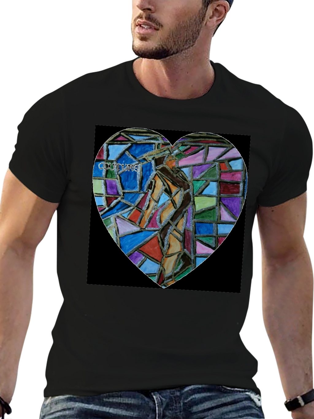 Abstract Mosaic Heart Graphic Tee - Black Cotton Blend