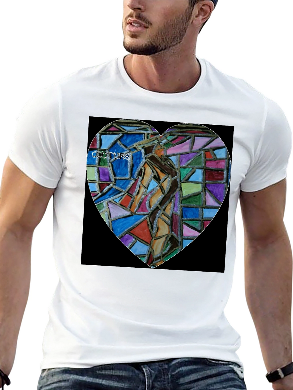Abstract Mosaic Heart Graphic Tee - Black Cotton Blend