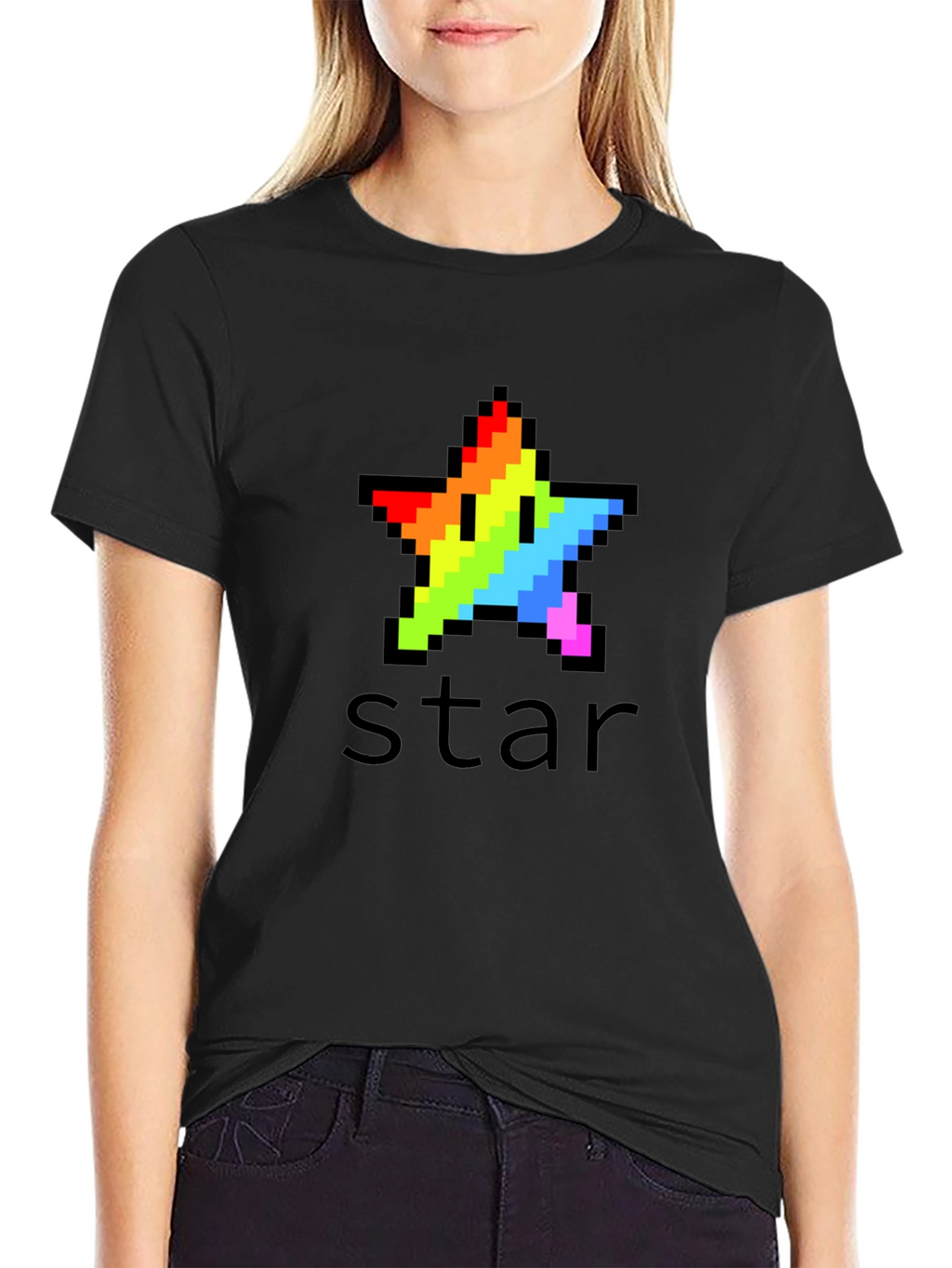 Rainbow Pixel Star Black T-Shirt
