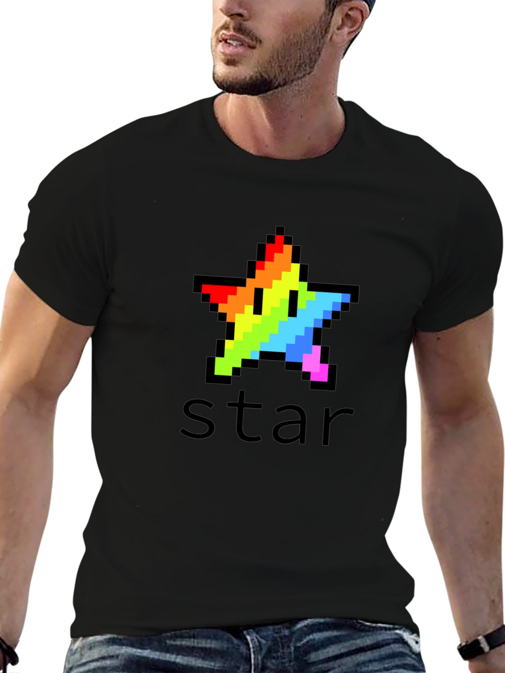Rainbow Pixel Star Black T-Shirt