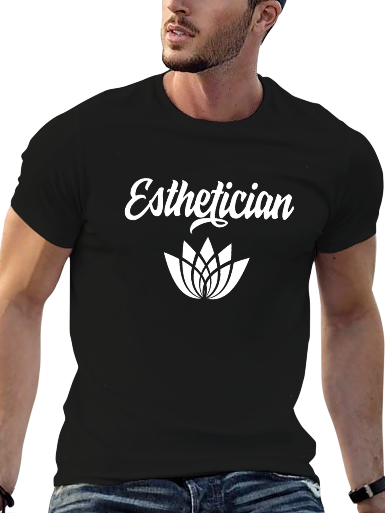 Esthetician T-Shirt | Black Cotton Tee with Lotus Flower Design