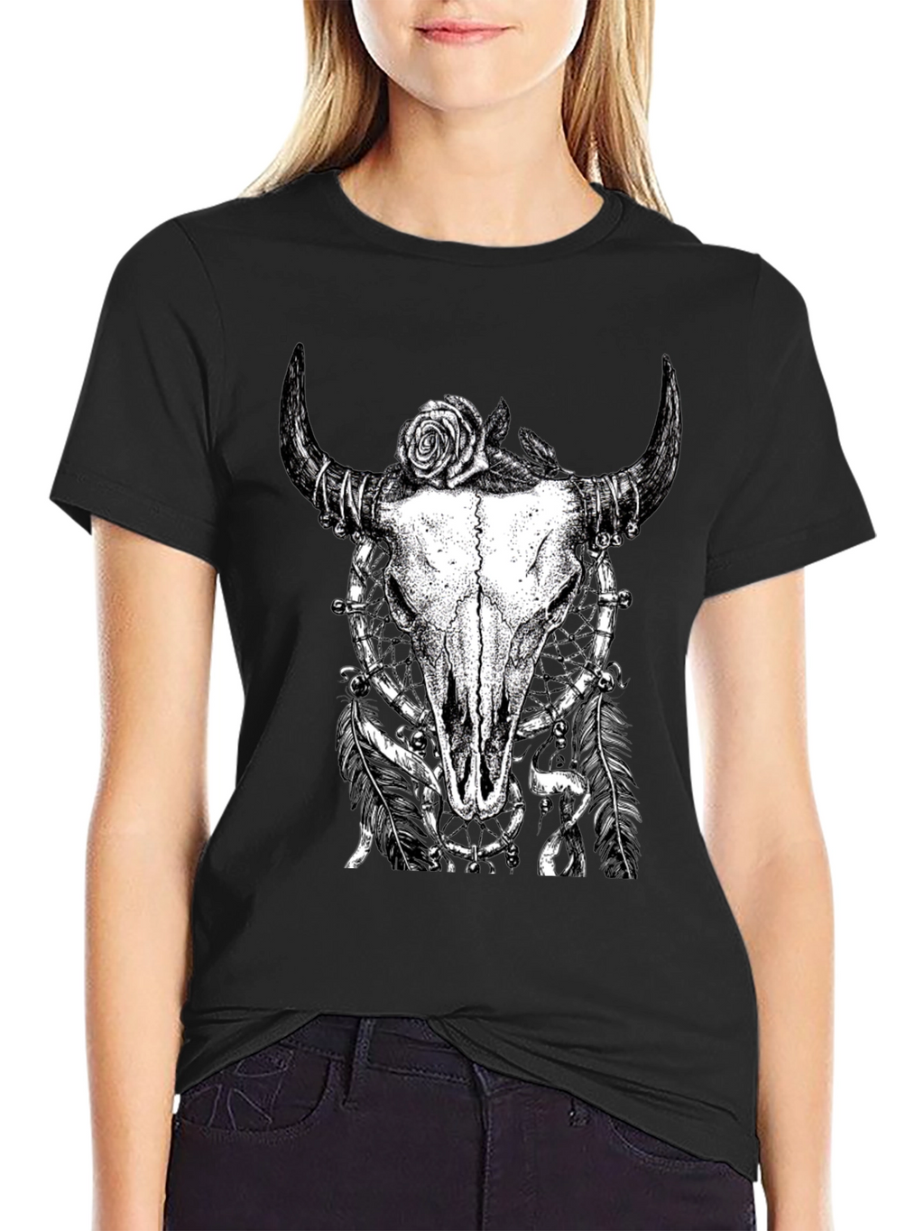 Skull Rose Graphic Tee - Black Cotton Shirt
