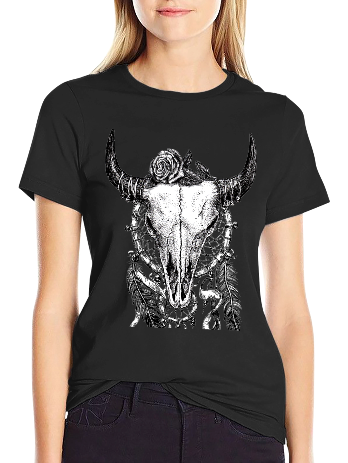 Skull Rose Graphic Tee - Black Cotton Shirt