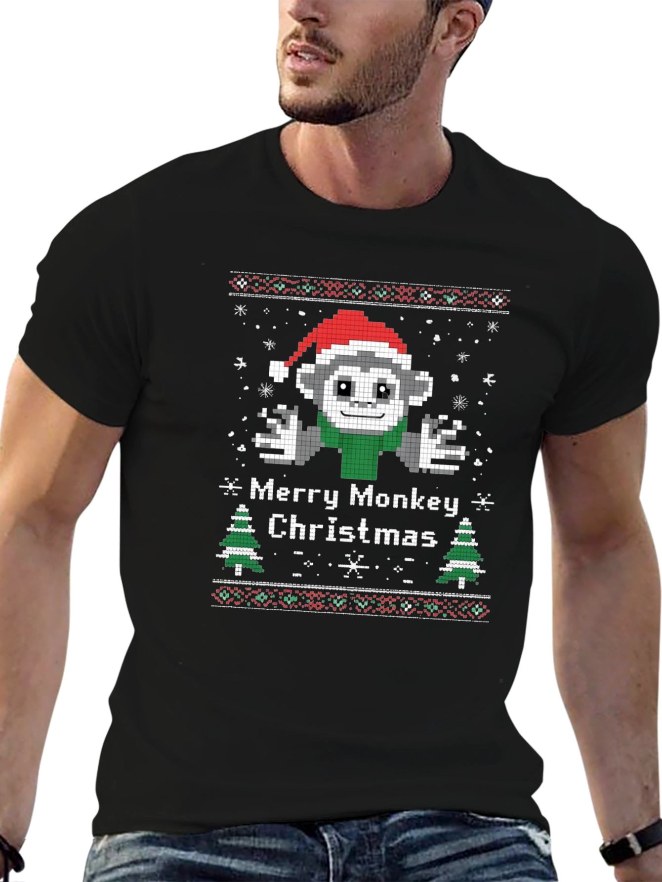 Merry Monkey Christmas Graphic T-Shirt