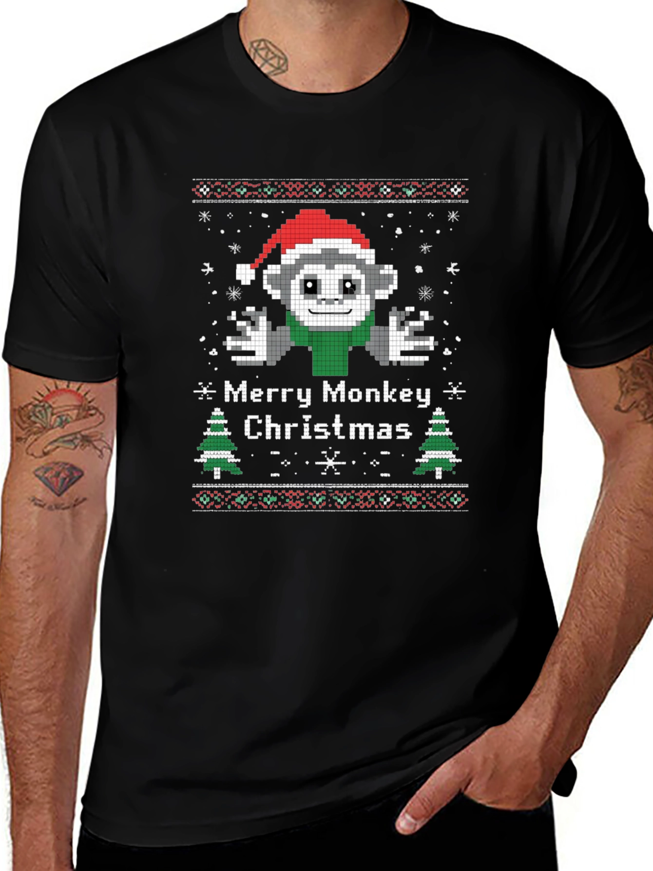 Merry Monkey Christmas Graphic T-Shirt