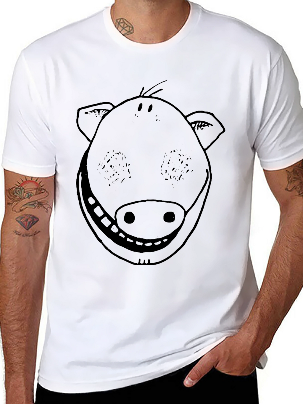 Smiling Pig Face Graphic Tee - Black Cotton T-Shirt