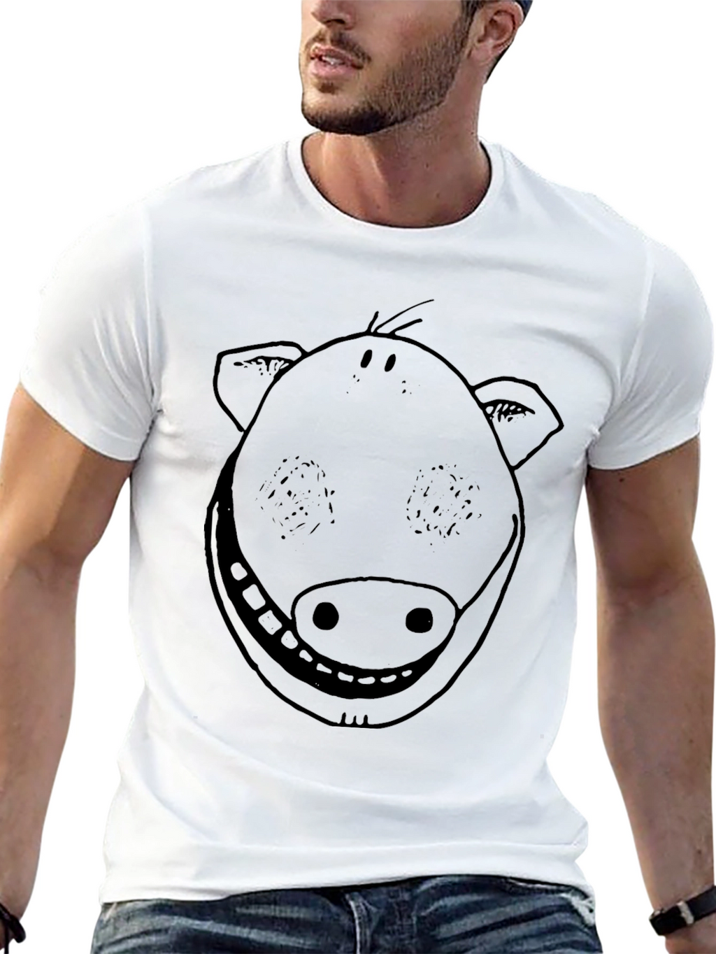 Smiling Pig Face Graphic Tee - Black Cotton T-Shirt